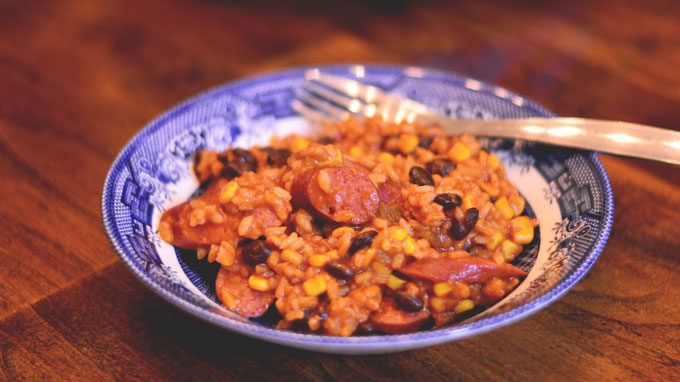 Zippy Kielbasa & Rice - full of flavor and a little bit of heat. Get the recipe from Cosmopolitan Cornbread