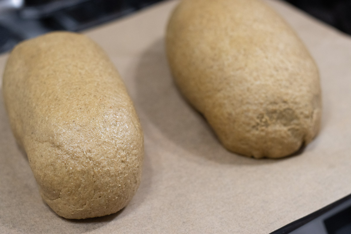 pumpernickel loaves on a baking pan