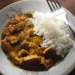 Warm Pumpkin Curry Chicken with rice, a quick and delicious dish from Cosmopolitan Cornbread.