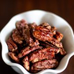 Maple Spiced Pecans - Toasted pecans with a light glaze of spiced maple syrup are a great snack you will love. Get this healthy recipe!