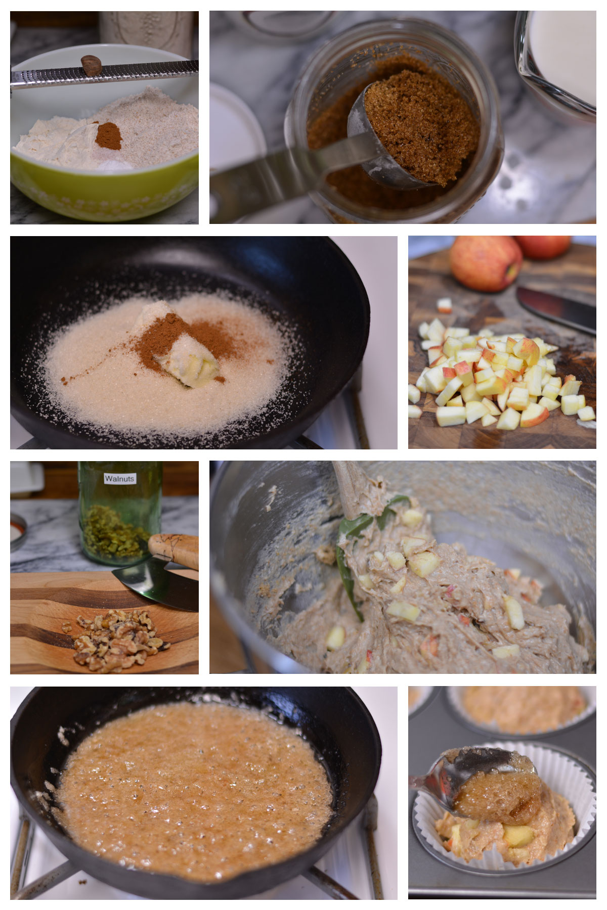 process photos of making whole wheat apple walnut muffins