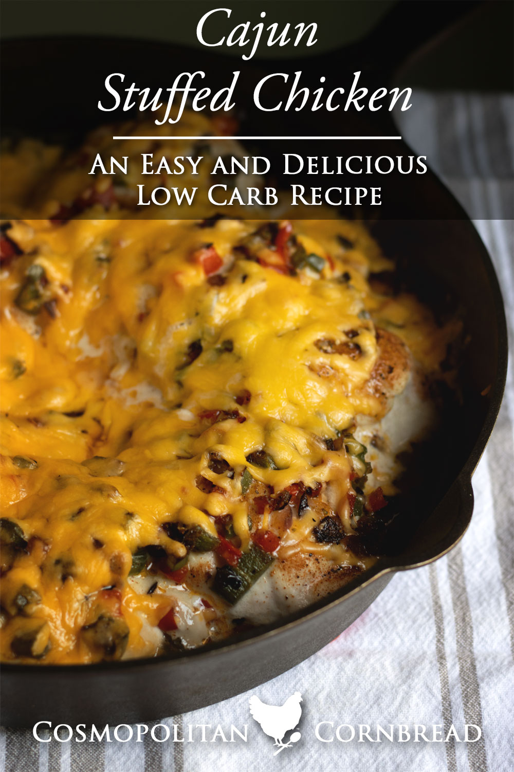 Cajun Stuffed Chicken is a bold, flavor-packed dinner that feels a little fancy without being fussy. Juicy chicken breasts are filled with sauteed peppers and onion with a Cajun kick, and smothered in bubbling, melty cheese.